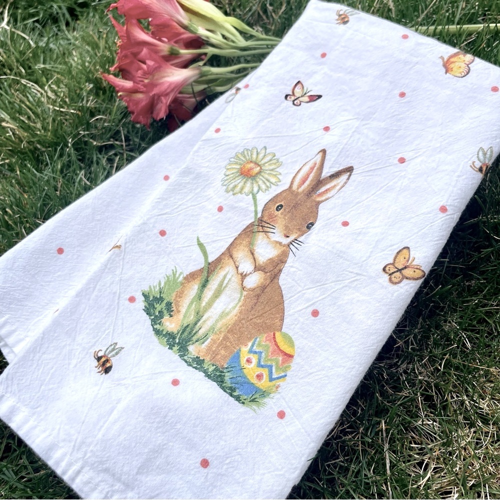 Spring Easter Bunny, Buttefly, Bee Floral Kitchen Decor Tea Towel